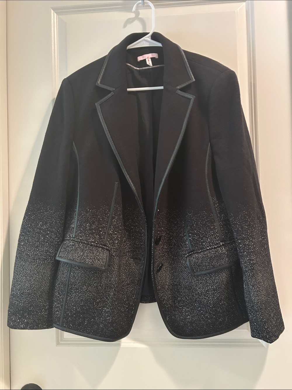 Basler Black Button Blazer Jacket Leather Trim w/lower white Ombre sprinkle L